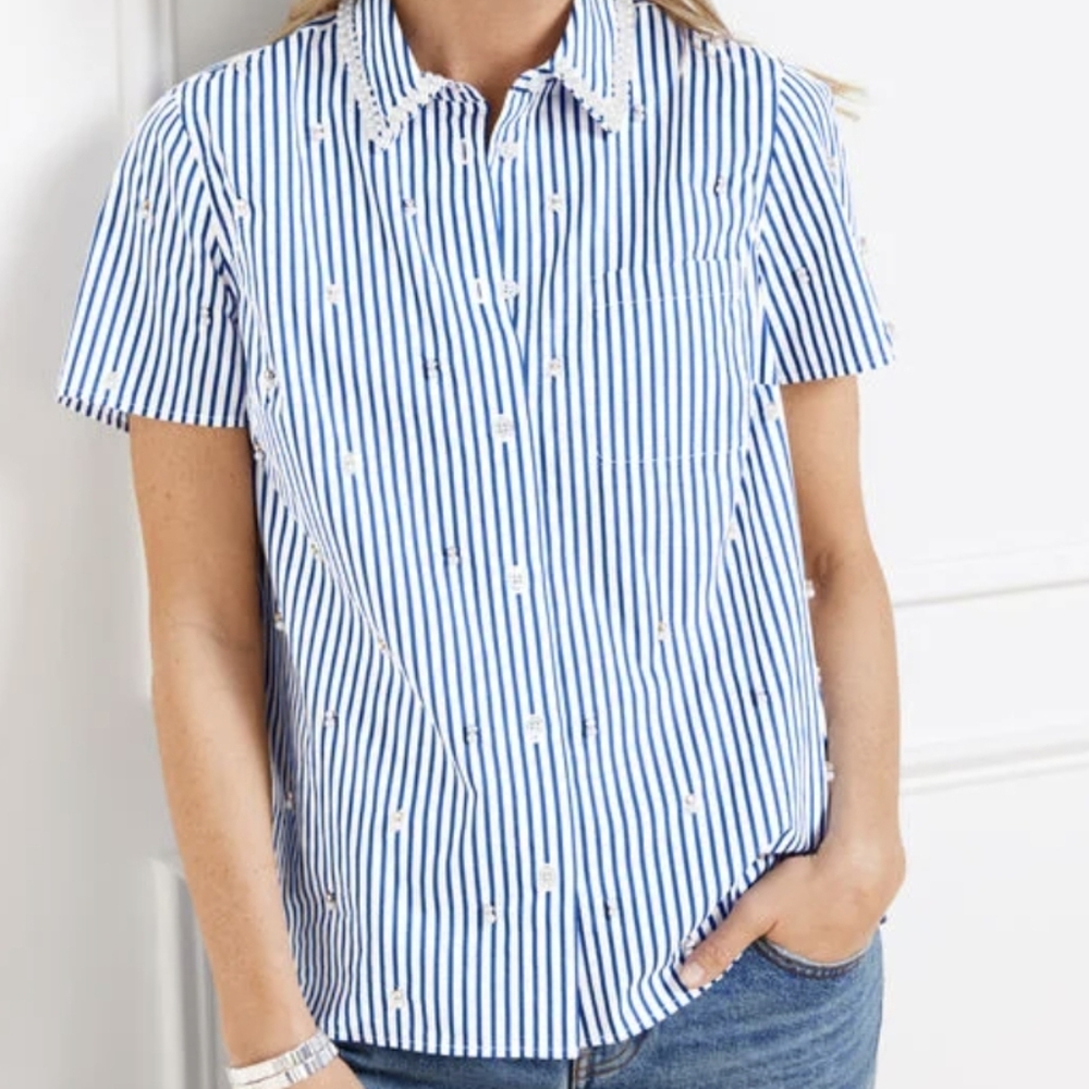 Talbots Daffodil Stripe Shirt Embellished With Pearls And Rhinestones Sz M